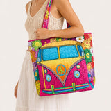 H.PAI Women's Quilted Tote Bag - Retro 70s Hippie Camper Van & Smiley Sunflower Groovy Everyday Shoulder Handbag