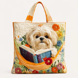 H.PAI Women's Quilted Tote Bag - Cute Shih Tzu Dog Reading Book & Wildflower Floral Cottagecore Large Shoulder Handbag