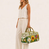 H.PAI Women's Quilted Duffle Bag - Retro 70s Hippie Van & Sunflower Travel Overnight Bag