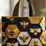 H.PAI Women's Quilted Tote Bag - Honeybee & Hexagon Geometric Embroidered Top-Handle Shoulder Bag