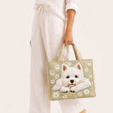 H.PAI Women's Quilted Tote Bag - Cute Westie Dog & Daisy Floral Sage Green Cottagecore Everyday Shoulder Handbag