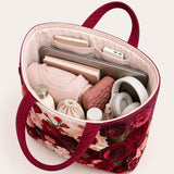 H.PAI Women's Quilted Tote Bag - Romantic 3D Rose Floral Applique & Heart Velvet Luxury Elegant Handbag