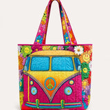 H.PAI Women's Quilted Tote Bag - Retro 70s Hippie Camper Van & Smiley Sunflower Groovy Everyday Shoulder Handbag