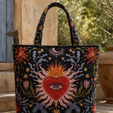 H.PAI Mystical Sacred Heart & Celestial Floral Quilted Tote Bag