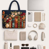 H.PAI Women's Quilted Tote Bag - Navy Blue Vintage Books & Floral Top-Handle Travel Carry-On Bag