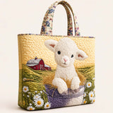 H.PAI Women's Quilted Tote Bag - Farm House Lamb & Daisy Patchwork Top-Handle Shoulder Bag