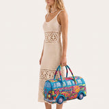 H.PAI Women's Quilted Duffle Bag - Retro 70s Psychedelic Hippie Van, Peace & Love Travel Overnight Bag