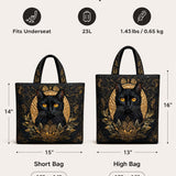 H.PAI Women's Quilted Tote Bag - Regal Black Cat & Baroque Gold Ornament Luxury Elegant Shoulder Handbag