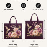H.PAI Women's Quilted Tote Bag - Dark Purple Floral Hummingbird Embroidered Top-Handle Shoulder Bag