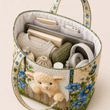 H.PAI Women's Quilted Tote Bag - Blue Floral Lamb Fence Embroidered Top-Handle Shoulder Bag
