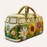 H.PAI Women's Quilted Duffle Bag - Retro 70s Hippie Van & Sunflower Travel Overnight Bag