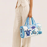 H.PAI Women's Quilted Duffle Bag - Coastal Sea Turtle Embroidered Travel Overnight Bag