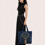 H.PAI Celestial Stag Moon And Stars Floral Quilted Tote Bag