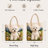 H.PAI Women's Quilted Tote Bag - Cute Fluffy Dog & Wildflower Mountain Landscape Aesthetic Shoulder Handbag