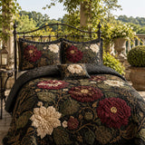 H.PAI Dark Botanical Floral Quilted 3-Piece Bedding Set