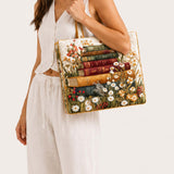 H.PAI Women's Quilted Tote Bag - Vintage Book Stack & Daisy Floral Cottagecore Shoulder Handbag