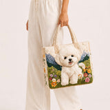 H.PAI Women's Quilted Tote Bag - Cute Fluffy Dog & Wildflower Mountain Landscape Aesthetic Shoulder Handbag