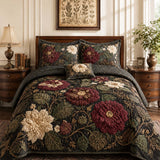 H.PAI Dark Botanical Floral Quilted 3-Piece Bedding Set