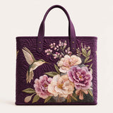 H.PAI Women's Quilted Tote Bag - Dark Purple Floral Hummingbird Embroidered Top-Handle Shoulder Bag