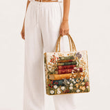 H.PAI Women's Quilted Tote Bag - Vintage Book Stack & Daisy Floral Cottagecore Shoulder Handbag