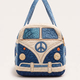 H.PAI Women's Quilted Duffle Bag - Retro Blue Hippie Van & Coastal Sea Turtle Travel Overnight Bag
