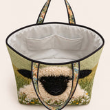 H.PAI Women's Quilted Tote Bag - Sage Green Fluffy Blackface Sheep Top-Handle Shoulder Bag