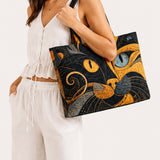 H.PAI Women's Quilted Tote Bag - Artistic Abstract Cat Face Patchwork Boho Luxury Shoulder Handbag
