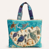 H.PAI Women's Quilted Tote Bag - Ocean Sea Turtle & Shell Coastal Travel Shoulder Bag