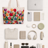 H.PAI Women's Quilted Tote Bag - Vibrant Spring Tulip Floral Garden Cream Cottagecore Shoulder Handbag
