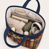 H.PAI Women's Quilted Tote Bag - Navy Blue Vintage Books & Floral Top-Handle Travel Carry-On Bag