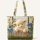 H.PAI Women's Quilted Tote Bag - Blue Floral Lamb Fence Embroidered Top-Handle Shoulder Bag