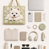 H.PAI Women's Quilted Tote Bag - Cute Westie Dog & Daisy Floral Sage Green Cottagecore Everyday Shoulder Handbag