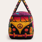 H.PAI Women's Quilted Duffle Bag - Retro 70s Hippie Van, Sunset Mountain & Mushroom Travel Overnight Bag