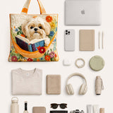H.PAI Women's Quilted Tote Bag - Cute Shih Tzu Dog Reading Book & Wildflower Floral Cottagecore Large Shoulder Handbag