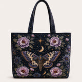 H.PAI Celestial Moth & Moon Floral Quilted Tote Bag