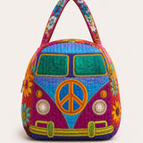 H.PAI Women's Quilted Duffle Bag - Retro 70s Colorful Hippie Van, Sunflowers Travel Overnight Bag