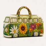 H.PAI Women's Quilted Duffle Bag - Retro 70s Hippie Van & Sunflower Travel Overnight Bag