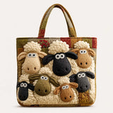 H.PAI Women's Quilted Tote Bag - Cute 3D Sheep Applique Cartoon Patchwork Everyday Shoulder Handbag