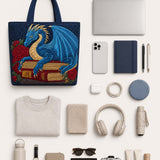 H.PAI Women's Quilted Tote Bag - Navy Blue Dragon & Vintage Book Top-Handle Shoulder Bag