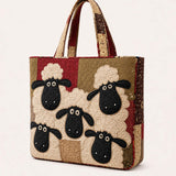 H.PAI Women's Quilted Tote Bag - Vintage Burgundy Sheep Flock Patchwork Top-Handle Shoulder Bag