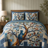 H.PAI Woodland Tree & Cat Quilted 3-Piece Bedding Set