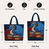 H.PAI Women's Quilted Tote Bag - Navy Blue Dragon & Vintage Book Top-Handle Shoulder Bag