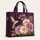 H.PAI Women's Quilted Tote Bag - Dark Purple Floral Hummingbird Embroidered Top-Handle Shoulder Bag
