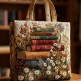 H.PAI Women's Quilted Tote Bag - Vintage Book Stack & Daisy Floral Cottagecore Shoulder Handbag