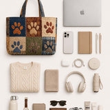 H.PAI Women's Quilted Tote Bag - Dog Paw Patchwork Rustic Boho Denim Everyday Shoulder Handbag