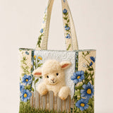 H.PAI Women's Quilted Tote Bag - Blue Floral Lamb Fence Embroidered Top-Handle Shoulder Bag