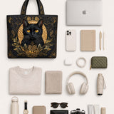 H.PAI Women's Quilted Tote Bag - Regal Black Cat & Baroque Gold Ornament Luxury Elegant Shoulder Handbag