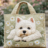 H.PAI Women's Quilted Tote Bag - Cute Westie Dog & Daisy Floral Sage Green Cottagecore Everyday Shoulder Handbag