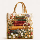 H.PAI Women's Quilted Tote Bag - Vintage Book Stack & Daisy Floral Cottagecore Shoulder Handbag