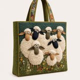 H.PAI Women's Quilted Tote Bag - Dark Green Meadow Fluffy Sheep Top-Handle Shoulder Bag